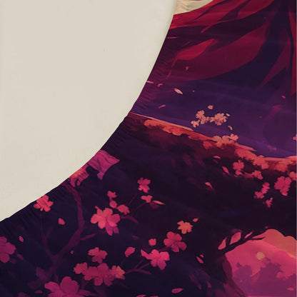 1pc 3D Fitted Sheets Set Sunset Samurai Cherry Blossom Tree Pattern  Bedding Set Printed Customized For Man And Kids Decorate.