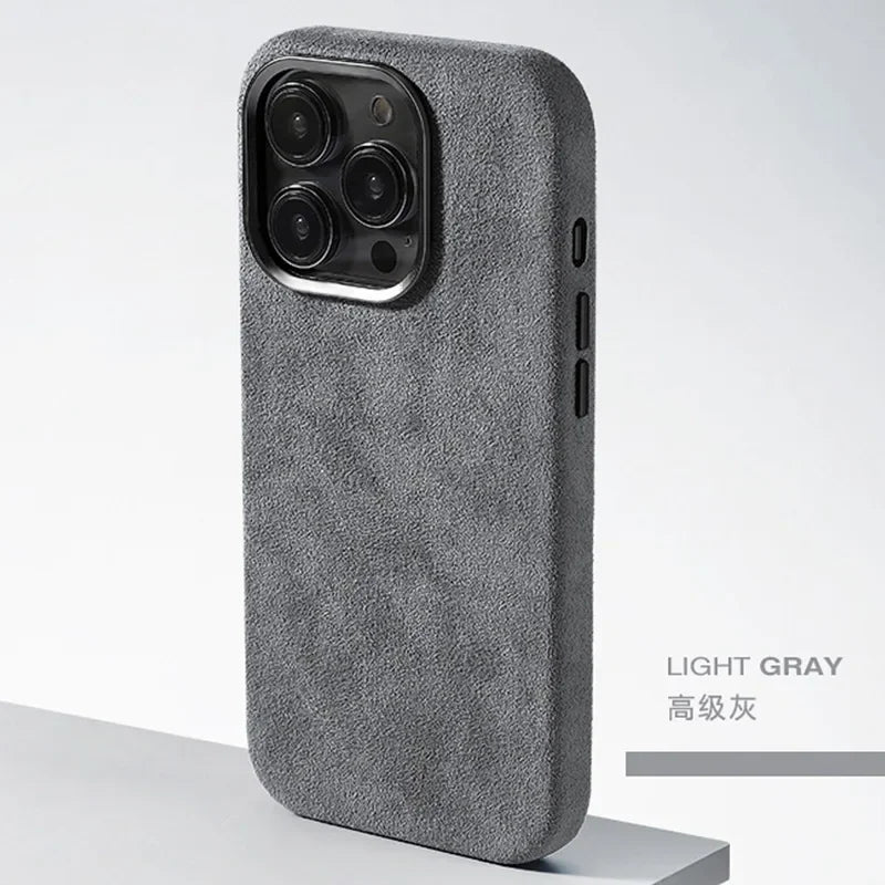 Grey Alcantara Magnetic Attraction Case for iPhone 16 12 13 14 15 Pro Max High-end Imported Suede Metal Lens Protection Cover