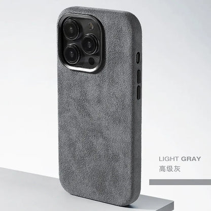 Grey Alcantara Magnetic Attraction Case for iPhone 16 12 13 14 15 Pro Max High-end Imported Suede Metal Lens Protection Cover
