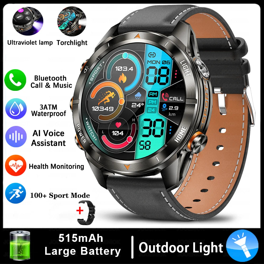 New Outdoor Sport Smart Watch Men 1.46" AMOLED Screen LED Flashlight 515mAh Battery 10ATM Waterproof Bluetooth Call Smartwatch