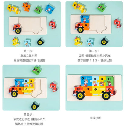 3D Stereoscopic Montessori Wooden Puzzle Cartoon Dinosaur Animal Shape Color Cognitive Educational Game Toy Kids Birthday Gift.