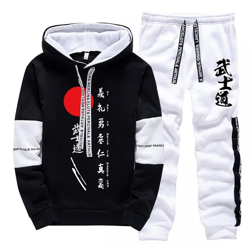 Japanese Bushido Print Hoodie Sweatpants 2025 Hot Sale Men's Fashion Tracksuit 2pcs Set Urban Casual Sporty Outfits Streetwear.