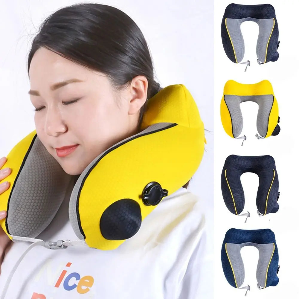 New U-shaped Travel Neck Pillow Elastic Fabric Foldable Inflatable Pillow Press Type Neck Support Cushion Airplane Pillow.