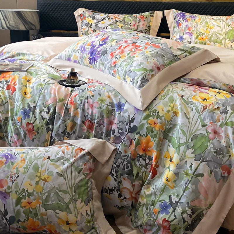 Floral Print 600TC Egyptian Cotton Bedding Queen King Comforter Cover Soft Duvet Cover Set Flat/Fitted Bed Sheet Pillowcases