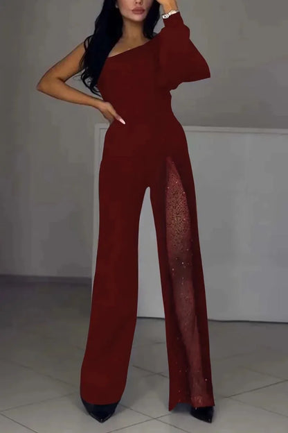 2025 Sping Summer Women's Jumpsuit Casual Comfortable Fashion Sexy Slanted Mesh Slightly Tilted Neck Office Jumpsuits.