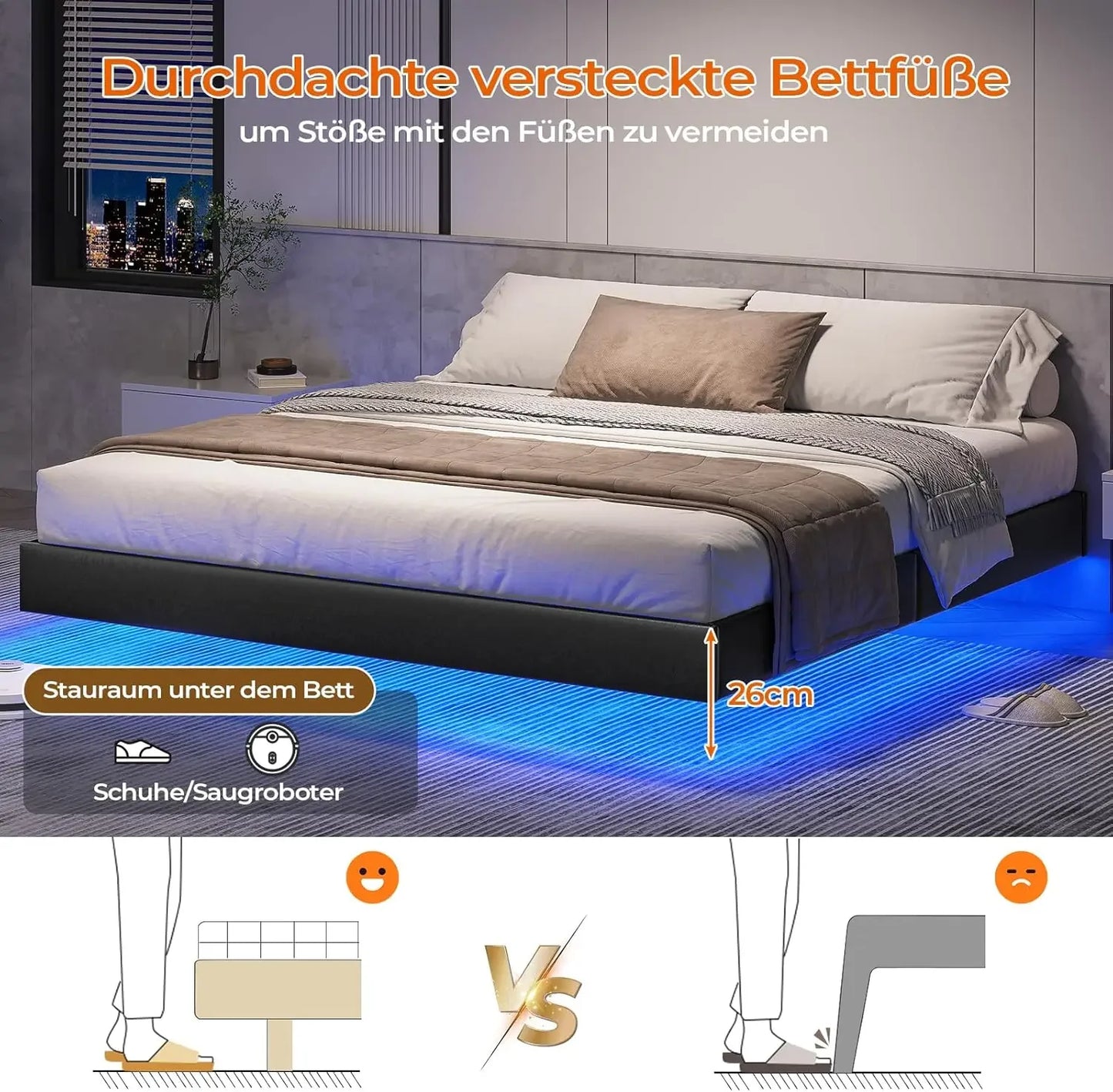 LED-beleuchtetes 180 x 200 cm großes Polsterbett mit Gestell, Gitterbettgestell, schwebender schwarzer Bettrahmen für Schlafzimmer