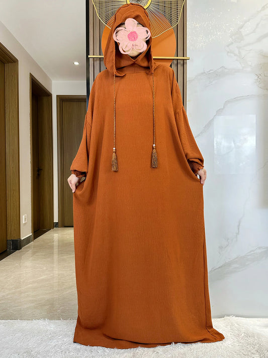 Muslim Abaya Solid Cotton Pullover Two Hat Women Eid Hooded Long Maxi Dress Turkey Kaftan Arab Robe Islamic Hijab Dubai Clothing.