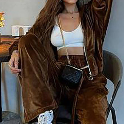 Women Autumn Hooded Coat Two Pieces Sets, Solid Patchwork Wide Leg Pants Chic Outfit, New Long Sleeve Casual Simple Ladies Suits