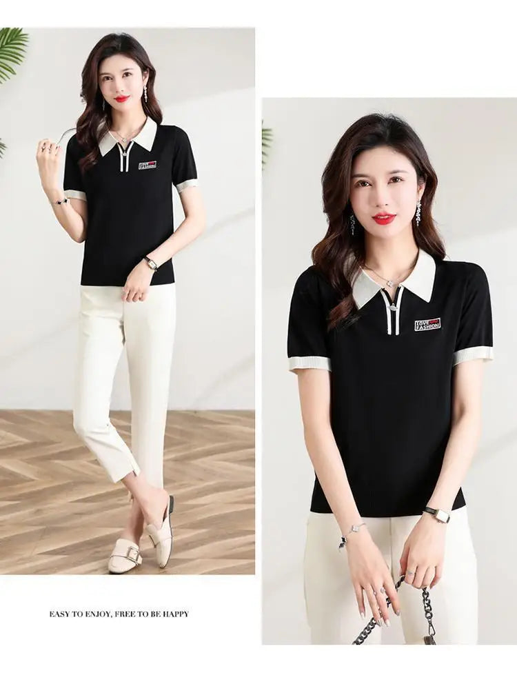 Fashionable polo collar middle-aged and elderly women's loose knitwear thin casual short-sleeved T-shirt.