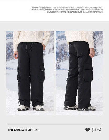 Winter Duck Down Skiing Cargo Pant Men Women Outdoor Thick Warm Loose Casual Sports Techwear Down Pants Track Trouser Sweatpants.