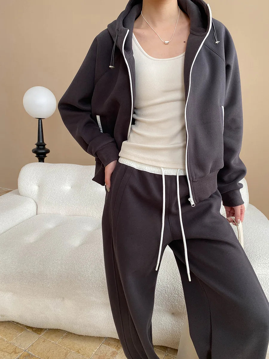 Spring and Autumn Women's Casual Solid Color Loose Hooded Sweatshirt+High Waist Loose Pants Set