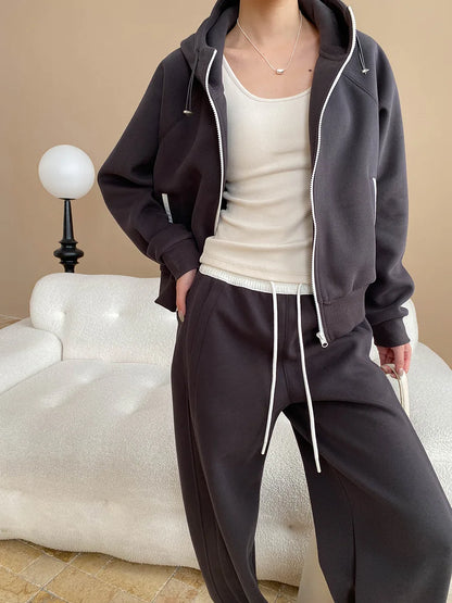 Spring and Autumn Women's Casual Solid Color Loose Hooded Sweatshirt+High Waist Loose Pants Set