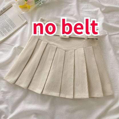 Pleated Mini Skirts Women Japan Students Corduroy Preppy Style Autumn Winter Basic Solid Bottoms Chic Vintage JK Slim All-match