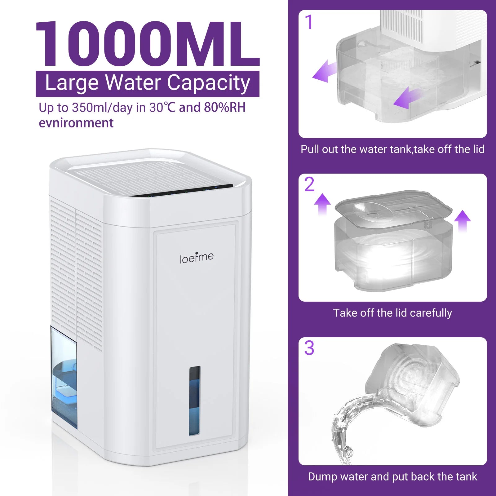 LOEFME Silent Dehumidifier 1.0L Portable Air Double Dehumidifier Dryer with LED Light Area 5–20m² for Home Bedroom living Room.