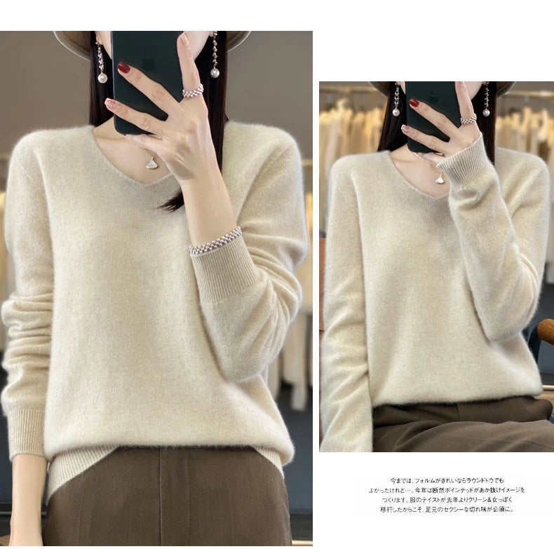 2024 100% Merino Reine Wolle V-ausschnitt Herbst Und Winter Pullover Pullover Neue Kaschmir Pullover frauen Beiläufige Gestrickte Top DMR201