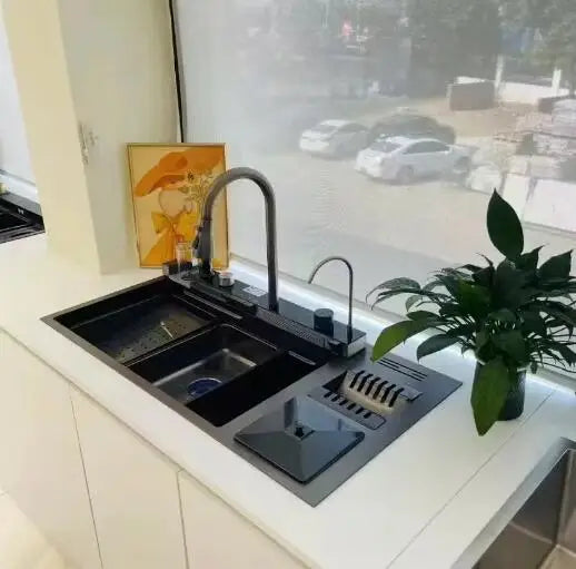 100cmx46cm Whale-Style Large Single-Bowl Kitchen Sink with Dish Rack Digital Faucet Integrated Dishwasher Multi-Functional