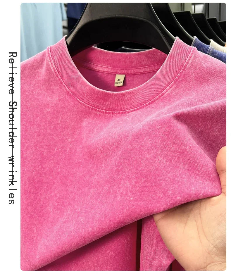 Personality washed vintage short sleeve T-shirt high-end 100% pure cotton men fashion round neck comfort lightweight casual top.