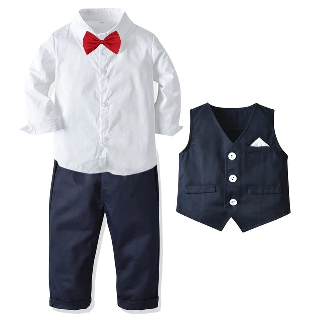 Formal Birthday Boy Outfits Cotton Kid Clothes Set Toddler Long-sleeved Shirt with Bow Tie + Vest + Trouser Suit Boys Party Wear.