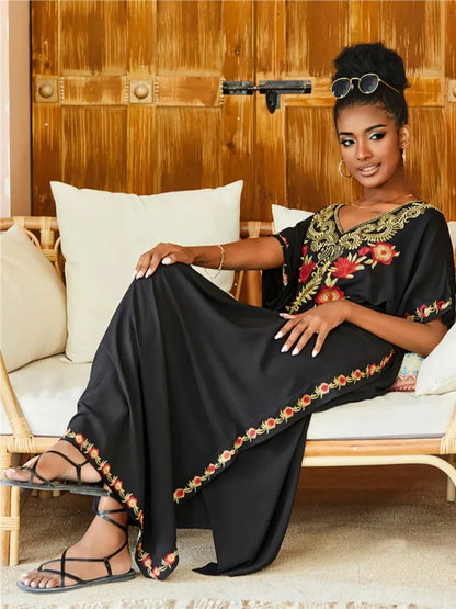 Women Embroidered Kaftan Dress Caftan Loungewear Long Bathing Suit Cover Up Beach Wear Vacation Outfit Loose Summer Women's Robe.
