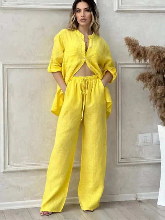 Spring Autumn Two Piece Sets 2024 Women Casual Long Sleeve Pocket Shirts 2 Piece Set Fashion Loose Wide Leg Pants Suit Outfites.