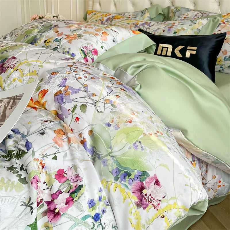 Flowers Prints Bedding Set Lyocell Eucalyptus Fiber Super Soft Silky Cool Feeling Duvet Cover Bed Sheet/Fitted Sheet Pillowcases.
