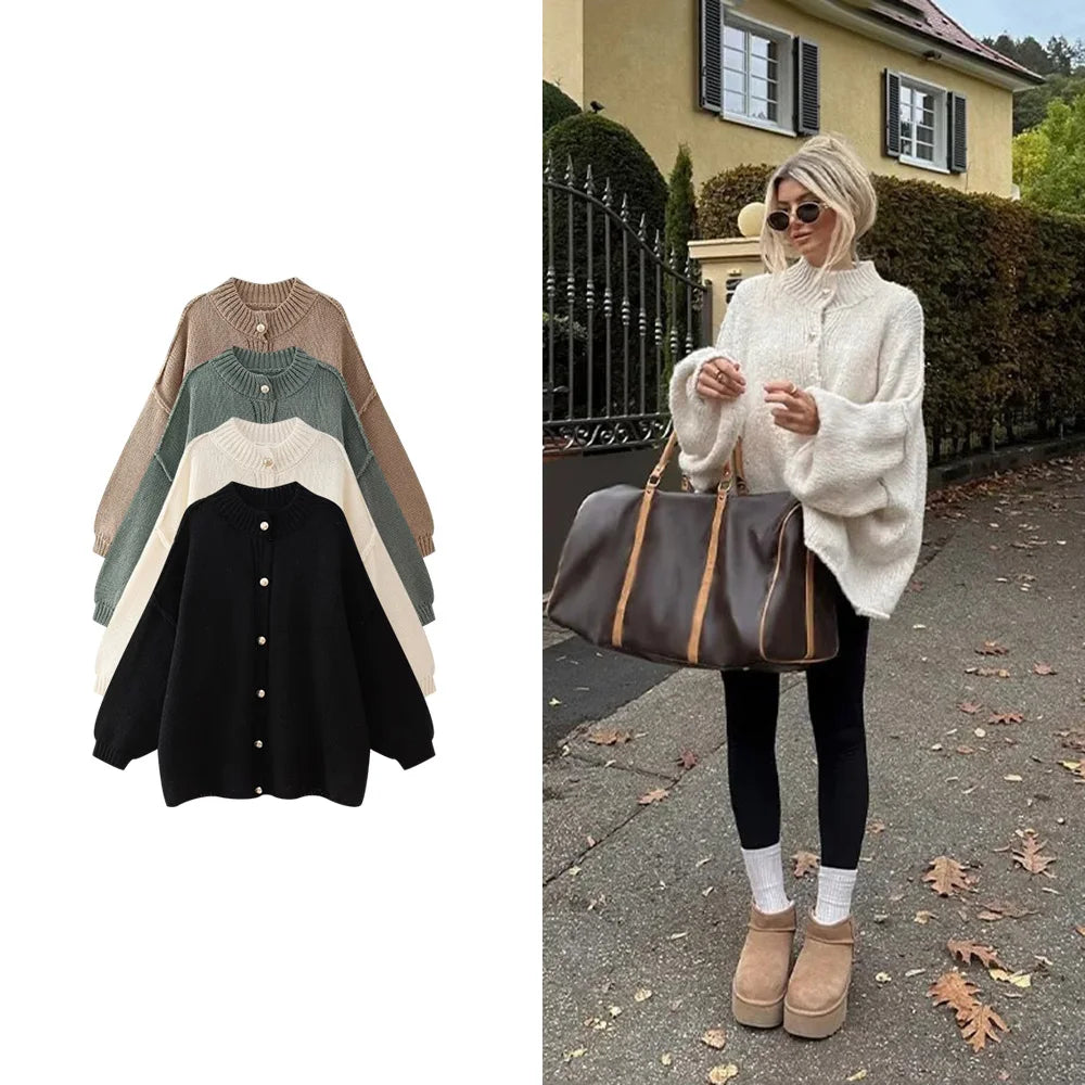 TRAF Women's Bat Sleeve Cardigan Sweater Temperament Lapel Metal Button Decoration Fashion Jacket Casual Commuter Women's Tops.