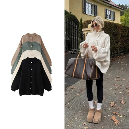 TRAF Women's Bat Sleeve Cardigan Sweater Temperament Lapel Metal Button Decoration Fashion Jacket Casual Commuter Women's Tops.