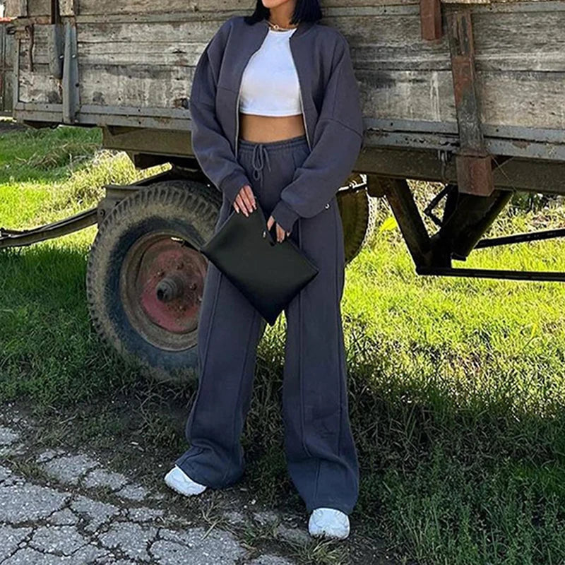 BKLD 2025 Casual Women's Tracksuit Sets Zip-up Loose Cropped Cardigan+Drawstring Sweatpants Solid Fashion Running Street Outfits.