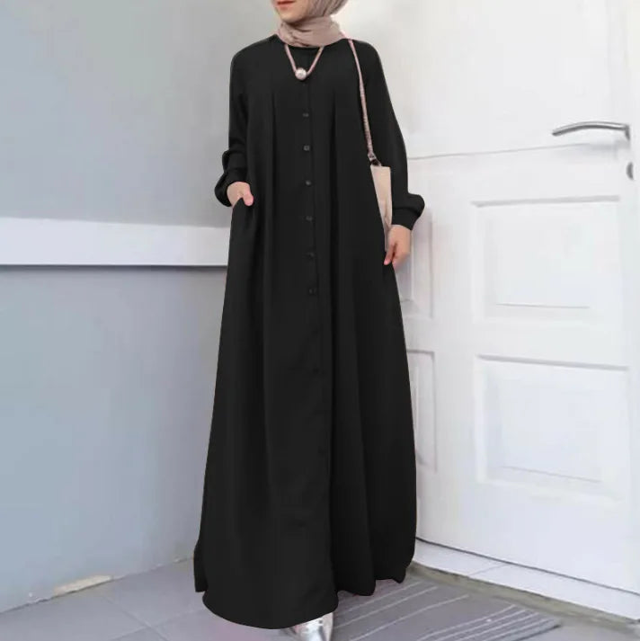 2025Spring Autumn Maxi Long Dress Women Muslim Long Sleeve Dress Loose Casual Dresses Vintage Hijab Islamic Clothing Caftan Robe.