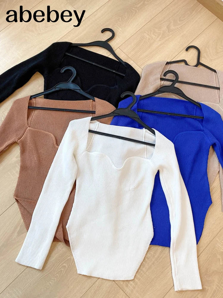 Quadrat Kragen Langarm Frau Pullover Gestrickte Pullover Frauen Frühling Herbst Pullover Winter Tops Für Frauen Schwarz Weiß Jumper.