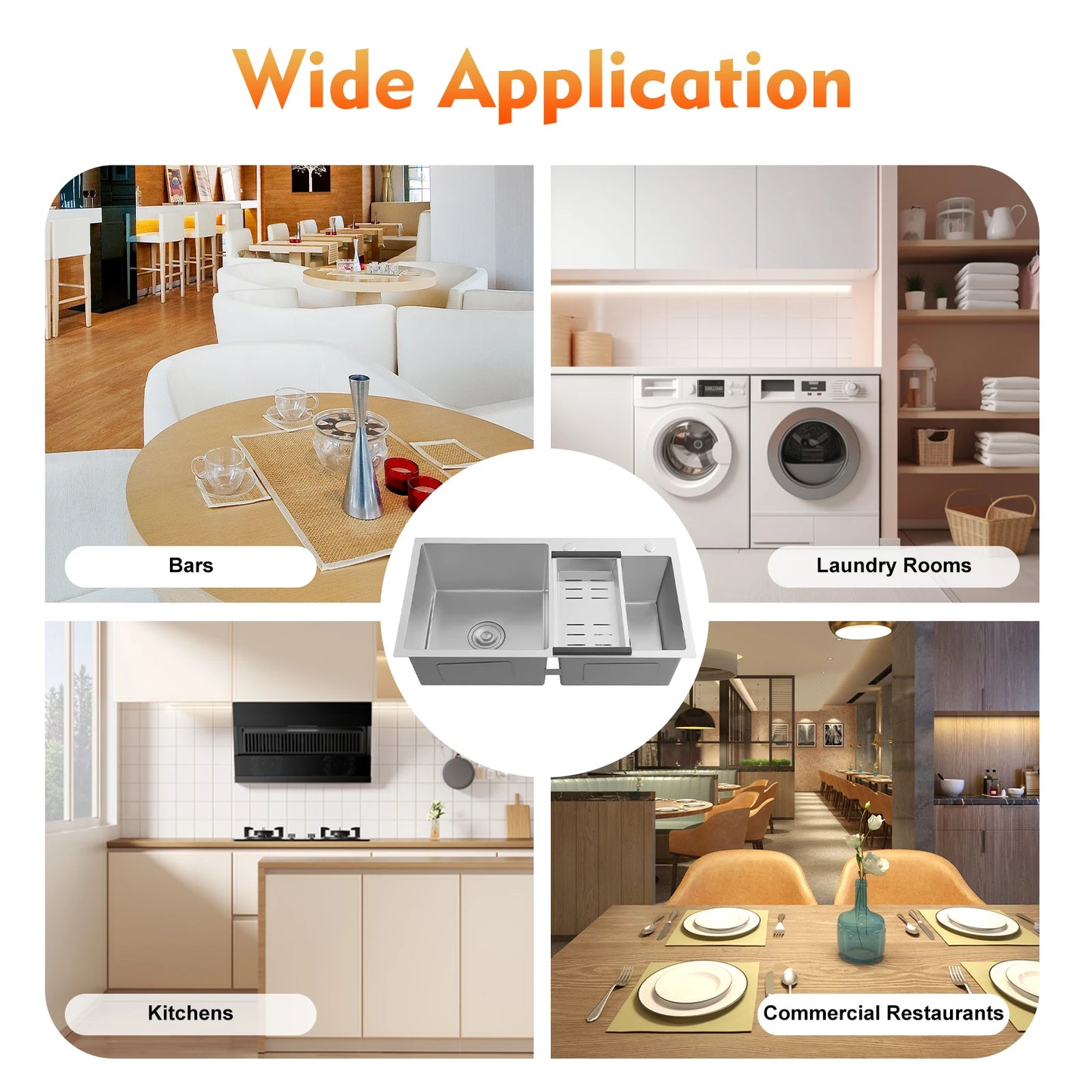 Küchenspüle aus Edelstahl, Doppelschüssel, Küchenspüle, Küchenspüle mit Abflusskorb für Garagen, Keller, Bars, Küchen