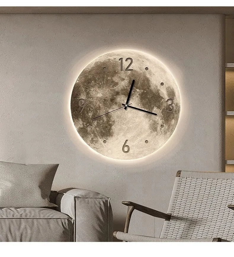 20-Zoll-Mode-Wanduhr, Esszimmer, Wohnzimmer, Mond, die Erde, Modellierung, LED-Licht, geräuschloses Uhrwerk, Schlafzimmeruhr, Wanddekoration