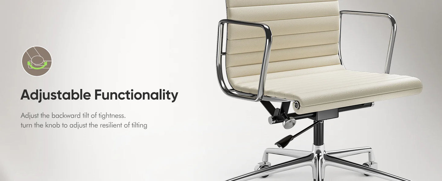 Weiße Drehstühle aus echtem Leder mit mittlerer Rückenlehne, ergonomischer Bürostuhl, verstellbarer drehbarer Gaming-Stuhl aus Leder, gerippter Bürostuhl