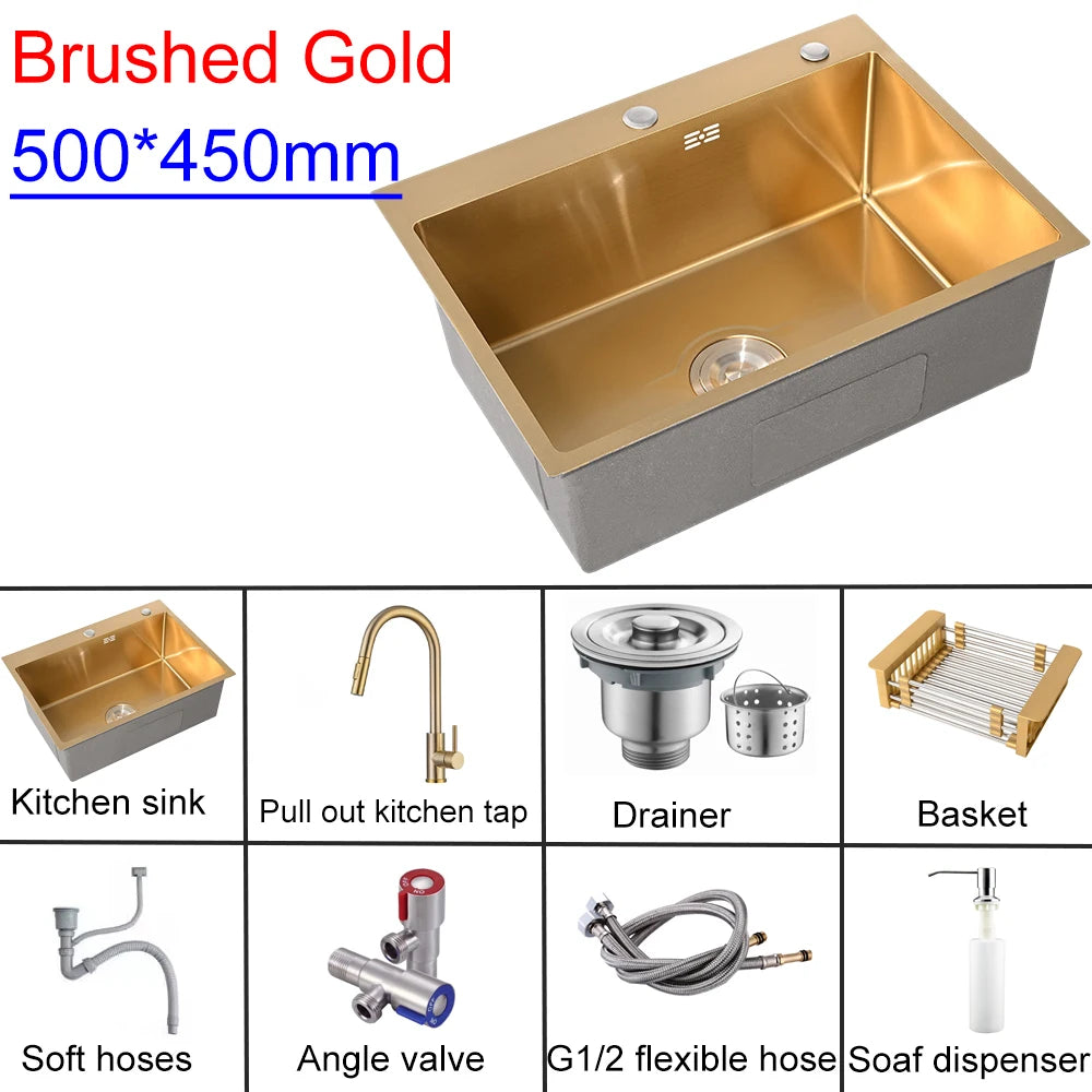 Stainless Steel Kitchen Sink with Hot Cold Pull Out Kitchen Sink Faucets Digital Large Single Bowl Waterfall Rain Kitchen Sinks