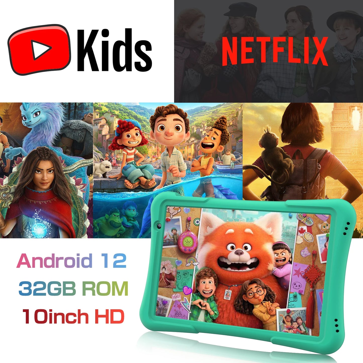PRITOM 10 inch kids Android tablet, 4GB(2+2)+32GB, Quad Core, 6000 mAh, WiFi 6, Dual Camera, Bluetooth, Toddler Tablet.