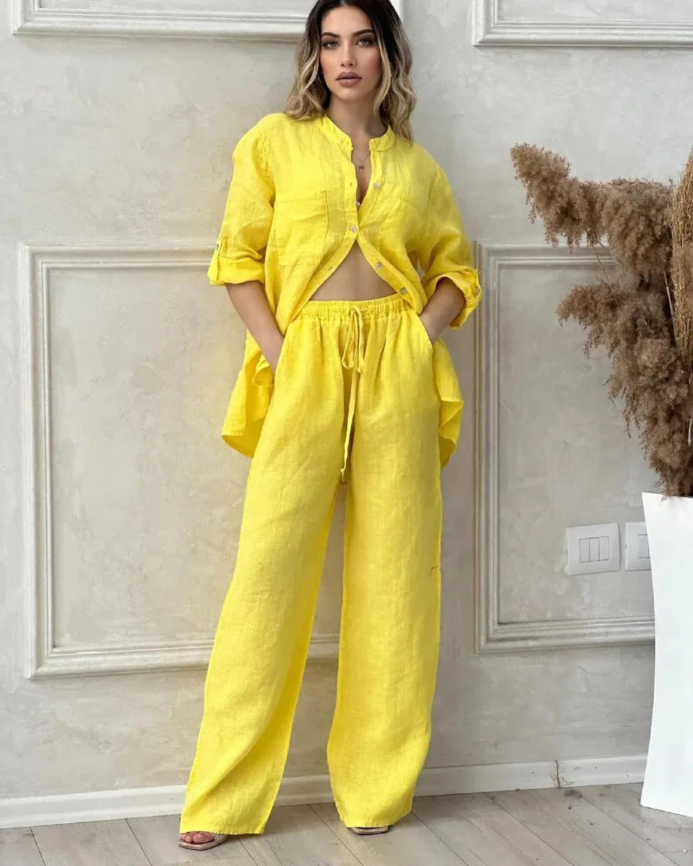 Spring Autumn Two Piece Sets 2024 Women Casual Long Sleeve Pocket Shirts 2 Piece Set Fashion Loose Wide Leg Pants Suit Outfites.