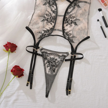 Sensual Lingerie Floral Lace Transparent Erotic Costume Bride Fantasy Sexy Crotchless Invisible Thongs Naked Sex Suit.