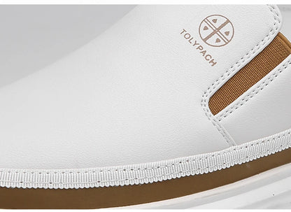 New 2025 Men's Genuine Leather Casual Sneakers Spring Summer Fashion Slip-On White Shoes Soft Sole Comfortable for Everyday Wear.
