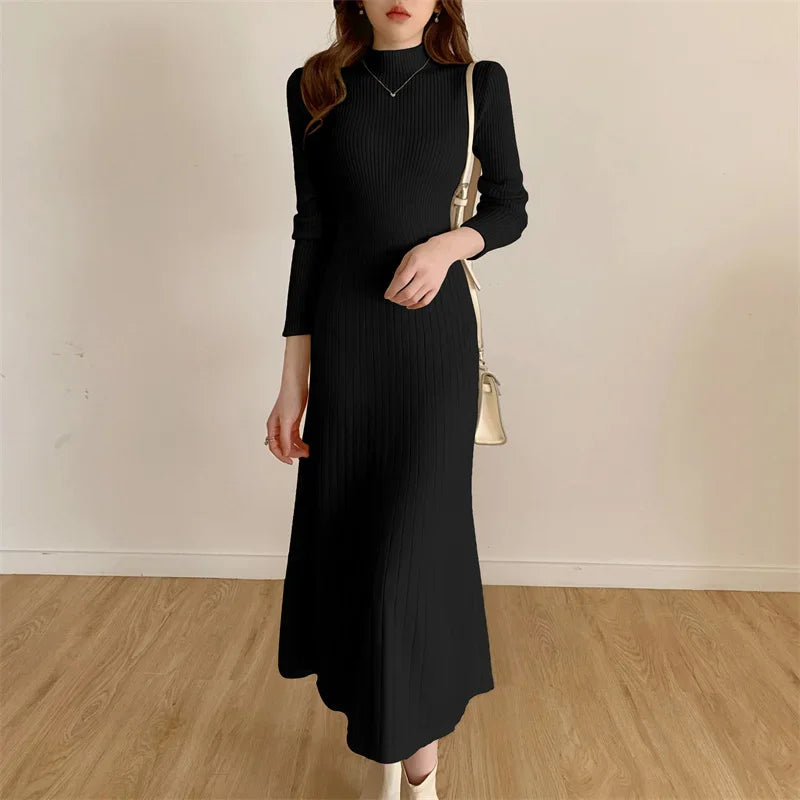 Herbst Winter 2023 Schlank Langarm Party Midi Kleid für Frauen Gestrickte Halb Hohen Kragen Elegante Gestrickte Pullover Kleider Damen