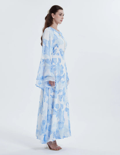 Ramadan kebaya Muslim women's chiffon print flared sleeve dress headscarf two-piece set.