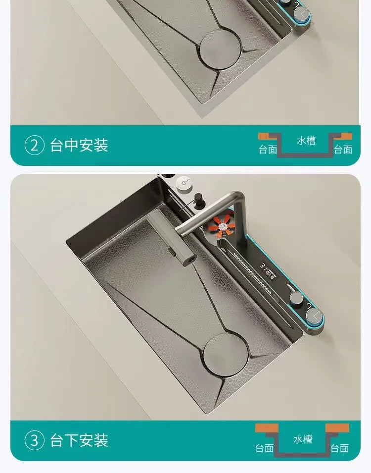 Digitalanzeige, Wasserfall, Einzelschlitz, Nano-Spüle aus Edelstahl 304, Geschirrspülen, Küche, multifunktionales Gemüsewaschbecken