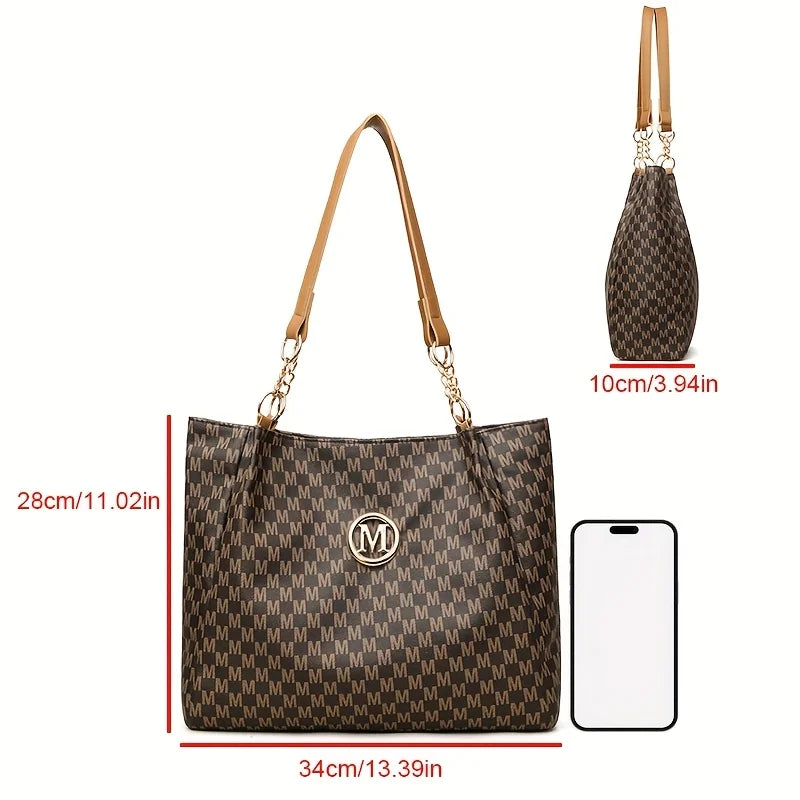 Vintage Geometric Tote Bag Synthetic Leather Letter "M" Design for Women Handbag Shoulder Bag Large Capacity Shopping Travel Bag.