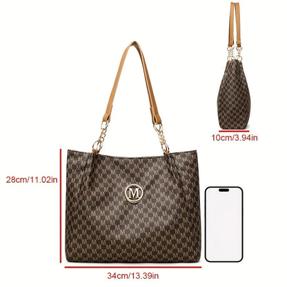 Vintage Geometric Tote Bag Synthetic Leather Letter "M" Design for Women Handbag Shoulder Bag Large Capacity Shopping Travel Bag.