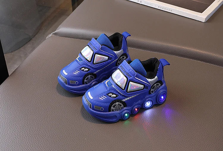 Diseny Kids'Casual Shoes Led Light Car Club Cartoon PU Leather Spring Shoes For Children Anti-slip Red Blue Shoes Size 21-30.