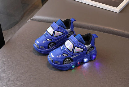 Diseny Kids'Casual Shoes Led Light Car Club Cartoon PU Leather Spring Shoes For Children Anti-slip Red Blue Shoes Size 21-30.