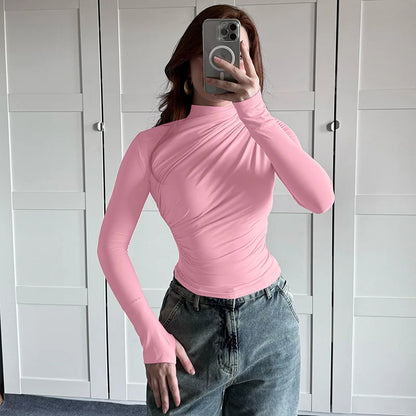 2025 Autumn Solid Color Folds Turtleneck Slim T Shirt Women Long Sleeves Bottoming Shirt Ladies Tee Shirt Tops Camisetas Mujer.