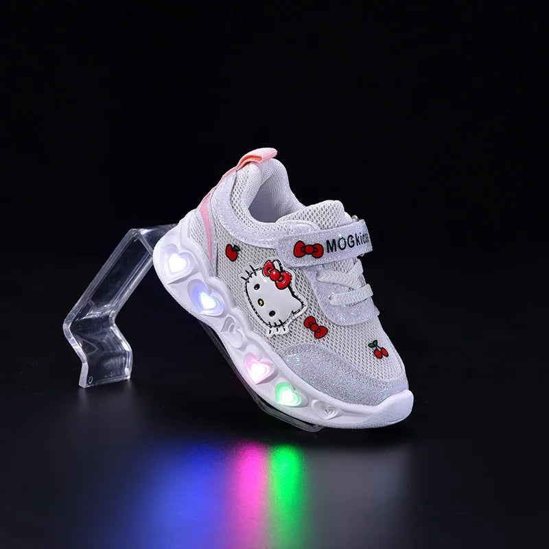 Kids'Casual Shoes Girls Led Light Cartoon PU Leather Fashion Sport Flat Bottom Shoes Breathable White Pink Size 21-30.