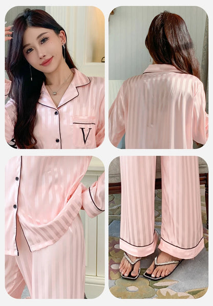 Women's Ice Silk Pajama Set Long Sleeve Long Pants Lightweight Sleepwear for Spring And Autumn Comfortable Homewear Pj Set.