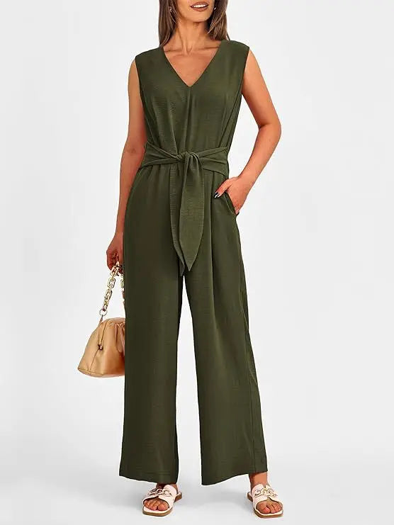 Summer High Waist Lace-up Jumpsuits Women 2025 New Sleeveless V-neck Side Pocket Solid Casual Jumpsuit Office Ladies Rompers