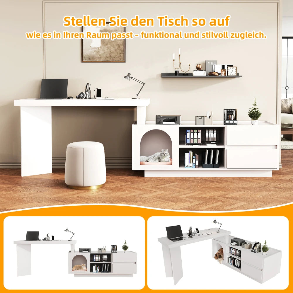 Eckschreibtisch mit integriertem Tierhaus, MDF-Eckschreibtisch aus verdicktem Brett für das Heimbüro mit XLanimal Cave L-förmiger Eckschreibtisch